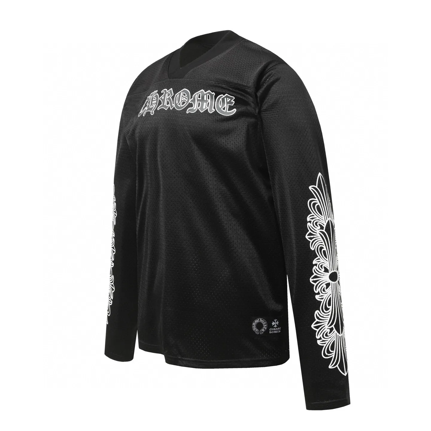 P190 Chrome Hearts CH Chrome Hearts popular Sanskrit printed mesh double-layer ice hockey jersey sports suit. Uses direct injection imported machine printing. Hardware and accessories are all ground and customized. Correct configuration. Black 2025 Chrome Hearts authentic packaging. 300 grams of custom-dyed mesh. Large version. Loose and stylish. Different from lower versions, slim and long version with upper body and hip stretch. 100% commitment: top quality. Not fast food. Highest version on the market. Top quality - different from ordinary versions on the market. If you care about quality, you should also respect the price. Absolutely 0 after-sales service and 0 return rate so far. It’s hard not to love the style - 300g mesh custom-dyed fabric - Correct high-density main mark, washed tag, hand-sewn